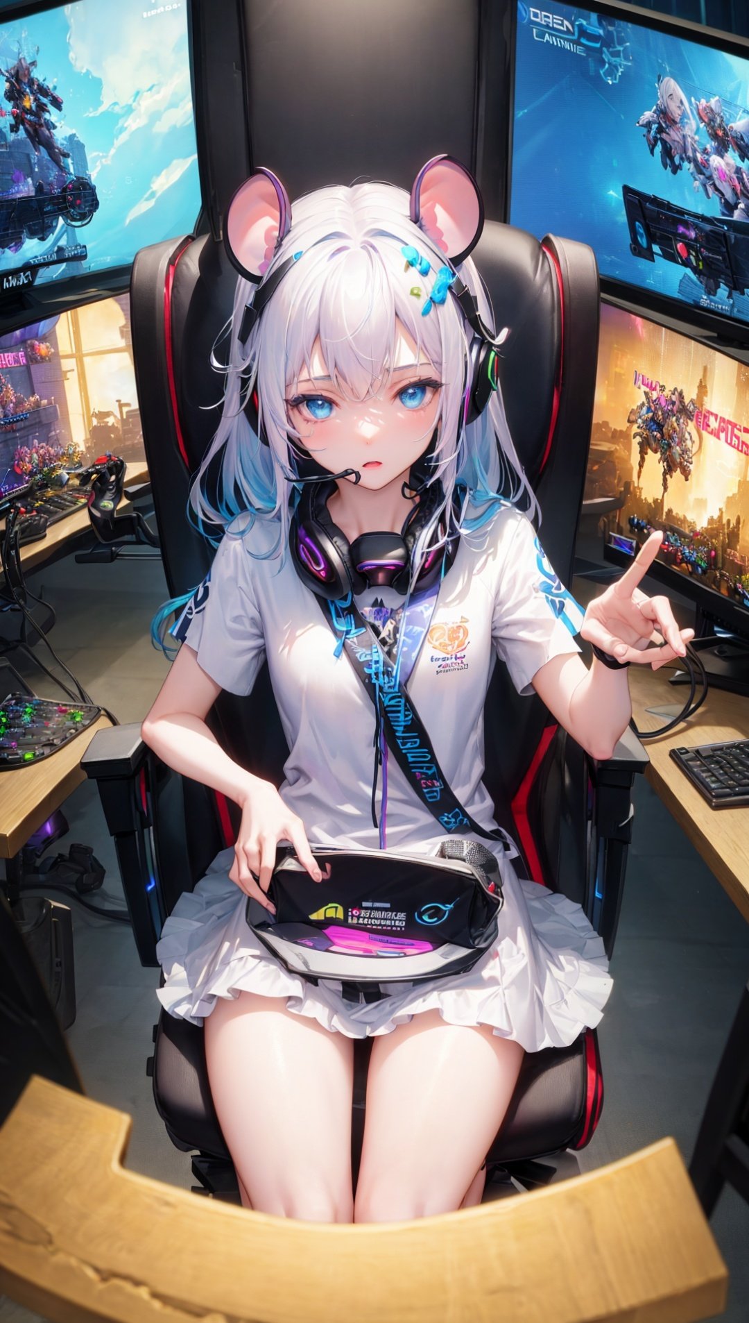 masterpiece, bestquality, highlydetailed, ultra-detailed, hmlacia, leicia, (purple hair:white hair:blue hair:1.125), long hair, hair ornament, ice blue eyes, delicate eyebrows, (solo:1.2),1 girl, gamer, focused expression, sitting on a comfortable gaming chair, (gaming headset), intense gameplay, (console controller:1.2), (LED-lit gaming keyboard:1.1), (gaming mouse:1.1), (gaming monitor:1.2), (RGB lighting:0.9), immersive gaming setup, gaming posters on the wall, shelves filled with video game cases, (gaming figurines:0.8), (gaming merchandise:1.1), (energy drink:0.7), (snacks:0.8), headphones on, (virtual reality headset:1.3), (competitive esports:1.4),