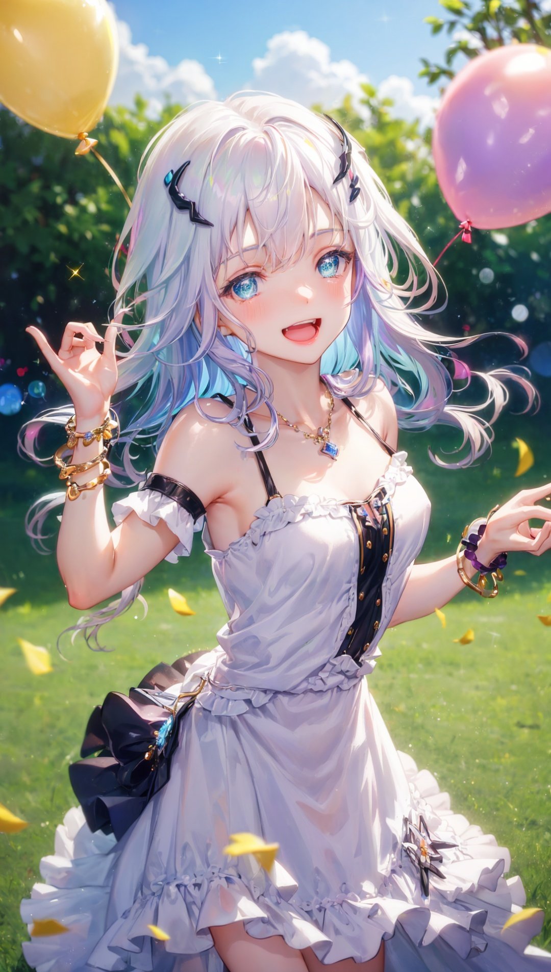 masterpiece, bestquality, highlydetailed, ultra-detailed, hmlacia, leicia, (purple hair:white hair:blue hair:1.125), long hair, hair ornament, ice blue eyes, delicate eyebrows, (solo), 1 girl, long and flowing hair, (sparkling eyes:1.2), rosy cheeks, joyous expression, carefree attitude, (delicate necklace:1.1), summer dress, playful movements, twirling, running, (dainty bracelet:1.3), dancing, jumping, colorful balloons, laughter, sunlight, (bokeh effect:1.4), vibrant flowers, lush green grass,  blue sky, playful atmosphere, happiness, freedom, whimsical, magical, basking in the moment, childlike joy, peaceful surroundings