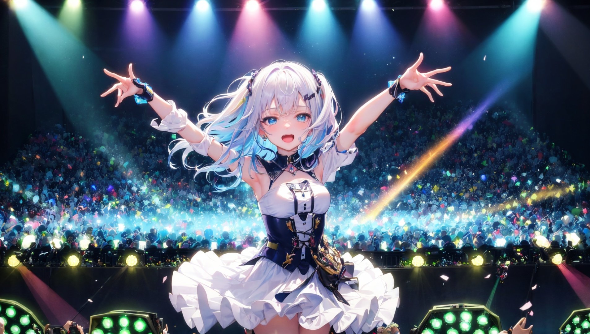 masterpiece, bestquality, highlydetailed, ultra-detailed, hmlacia, leicia, (purple hair:white hair:blue hair:1.125), long hair, hair ornament, ice blue eyes, delicate eyebrows, (solo:1.2),1 girl, music lover, mesmerized by the concert, (uplifting melodies:1.2), (captivating vocals:1.1), (rhythmic beats:1.1), (colorful stage lights:1.2), (energetic crowd:1.1), (dancing in the rhythm:0.9), (joyful expression:1.2), (singing along:1.1), (swaying to the music:1.1), (hands in the air:0.8), (live band:1.2),  (concert atmosphere:1.3), (amplified sound:1.1), (dynamic stage presence:1.2), (music notes floating:1.1), (vibrant energy:1.2), (euphoric experience:1.1),  (music-induced trance:1.2), (feeling the bass:1.1), (melodic harmonies:1.2), (lyrics resonating:1.1), (unforgettable performance:1.3), (musical passion:1.2), (synchronized light show:1.1), (lively atmosphere:1.2), (concert merchandise:0.9), (inspiring lyrics:1.1), (encore cheers:1.2)