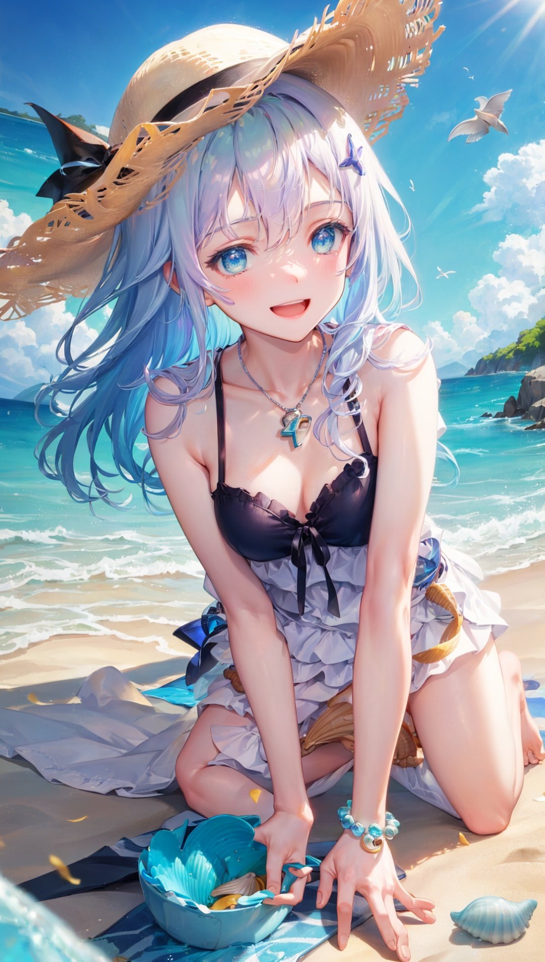 masterpiece, bestquality, highlydetailed, ultra-detailed, hmlacia, leicia, (purple hair:white hair:blue hair:1.125), long hair, hair ornament, ice blue eyes, delicate eyebrows, (solo:1.2), 1 girl, beach, seashells, sandy shore, (sunny day), (clear blue sky), (gentle ocean waves), (seagulls flying), (sparkling water), (sea breeze), (playful dolphins in the distance), (relaxed atmosphere), (seashell collection), (sun hat), (flowy sundress), (barefoot), (smiling), (curious expression), (excited gestures), (bending down), (examining seashells),  (bucket in hand), (colorful seashells), (shell patterns), (variety of shapes and sizes), (tidal pools), (footprints in the sand),   (seaglass), (beach umbrella), (beach towel), (seashell necklace), (seashell bracelets), (joyful moment), (treasure hunting), (gentle sound of waves), (warmth of sunlight), (soft sand beneath feet), (peaceful seashore sounds), (relaxing rhythm of tides), (whispering breeze), (calming ocean horizon), (serene and soothing ambiance),  (mindfulness and tranquility),