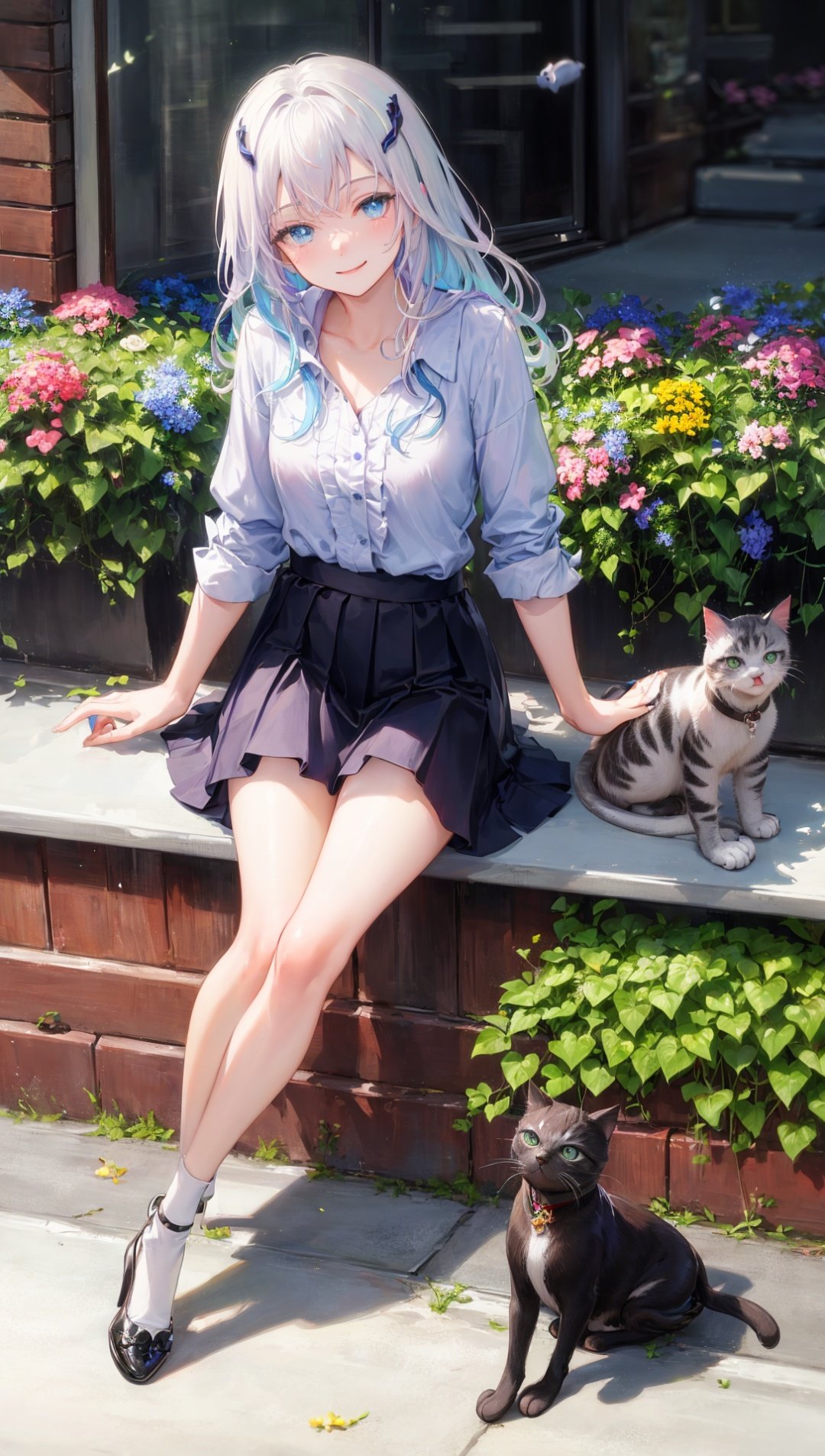 masterpiece, bestquality, highlydetailed, ultra-detailed, hmlacia, leicia, (purple hair:white hair:blue hair:1.125), long hair, hair ornament, ice blue eyes, delicate eyebrows, (solo:1.2), 1 girl, office lady, sitting on the sidewalk, teasing a cute cat, white blouse, black skirt, black heels, (playful smile:1.2), (adorable cat:1.3), (bright street:1.1), (relaxed atmosphere), (urban setting), (casual style), (cityscape background), (light shadows), (gentle sunlight:1.1),  (subtle breeze), (colorful flowers), (animated cat:1.2), (curious expression), (vibrant surroundings), (joyful interaction), (moment of happiness)