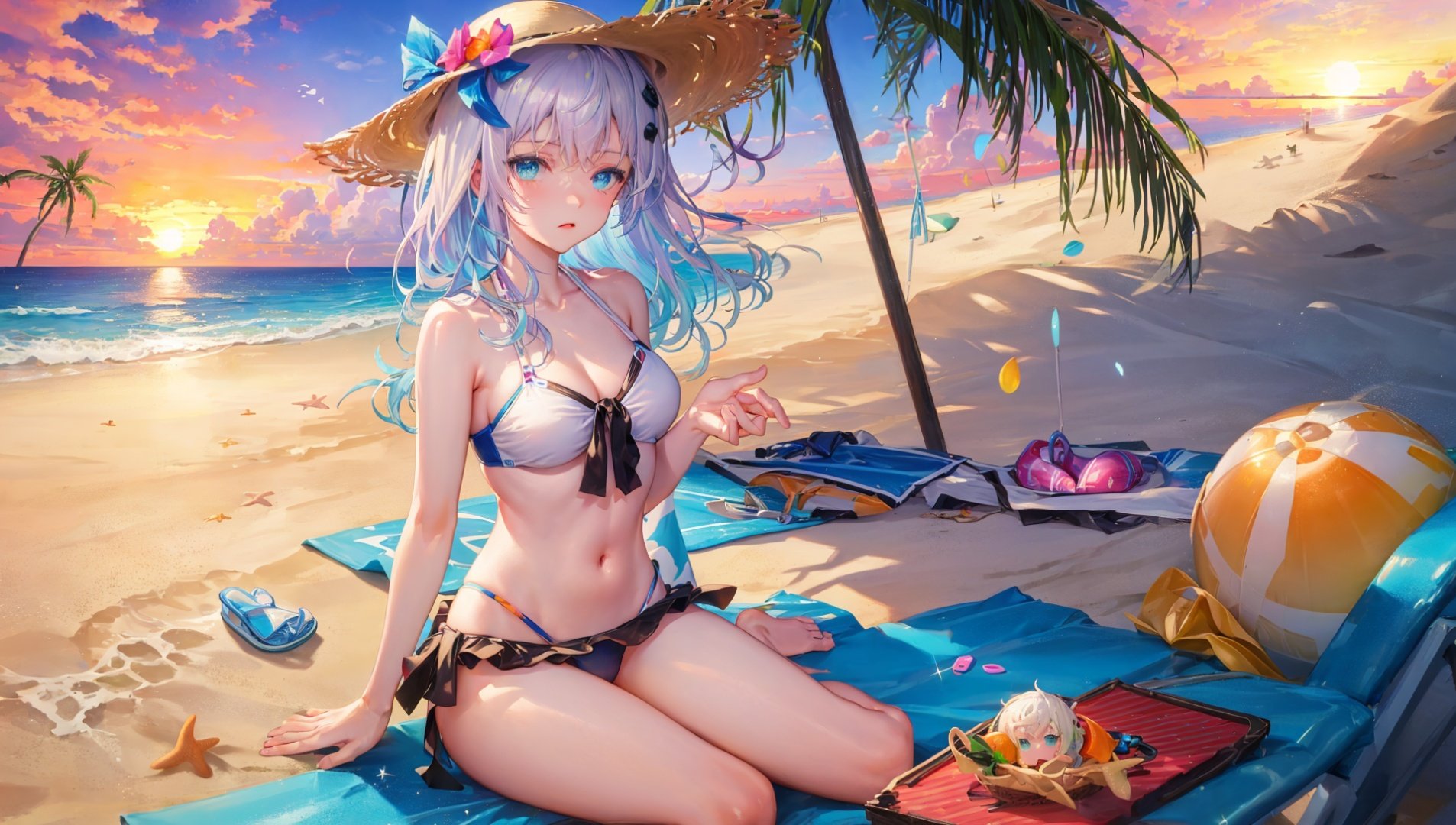 masterpiece, bestquality, highlydetailed, ultra-detailed, hmlacia, leicia, (purple hair:white hair:blue hair:1.125), long hair, hair ornament, ice blue eyes, delicate eyebrows, (solo:1.2),1 girl, beachgoer, sunny and vibrant beach, sandy shoreline, (sun hat:1.1), (sunglasses:1.1), (beach umbrella:1.2), (beach towel:1.1), (sunscreen:0.9), (swimsuit:1.2), (flip flops:1.1), (beach toys:1.2), building sandcastles, (seashells:0.8), (beach ball:1.1), (inflatable float:1.2), (smoothie:0.9), (ice cream:1.1),  (tropical drink:0.8), (seagulls:0.7), (waves:1.2), (sailing boats:0.9), (palm trees:1.1), (seashore:0.9), (seaweed:0.8), (sand dunes:1.2), (sand footprints:0.9), (seashore sunset:1.3), (sparkling ocean:1.2), (seaglass jewelry:1.1)