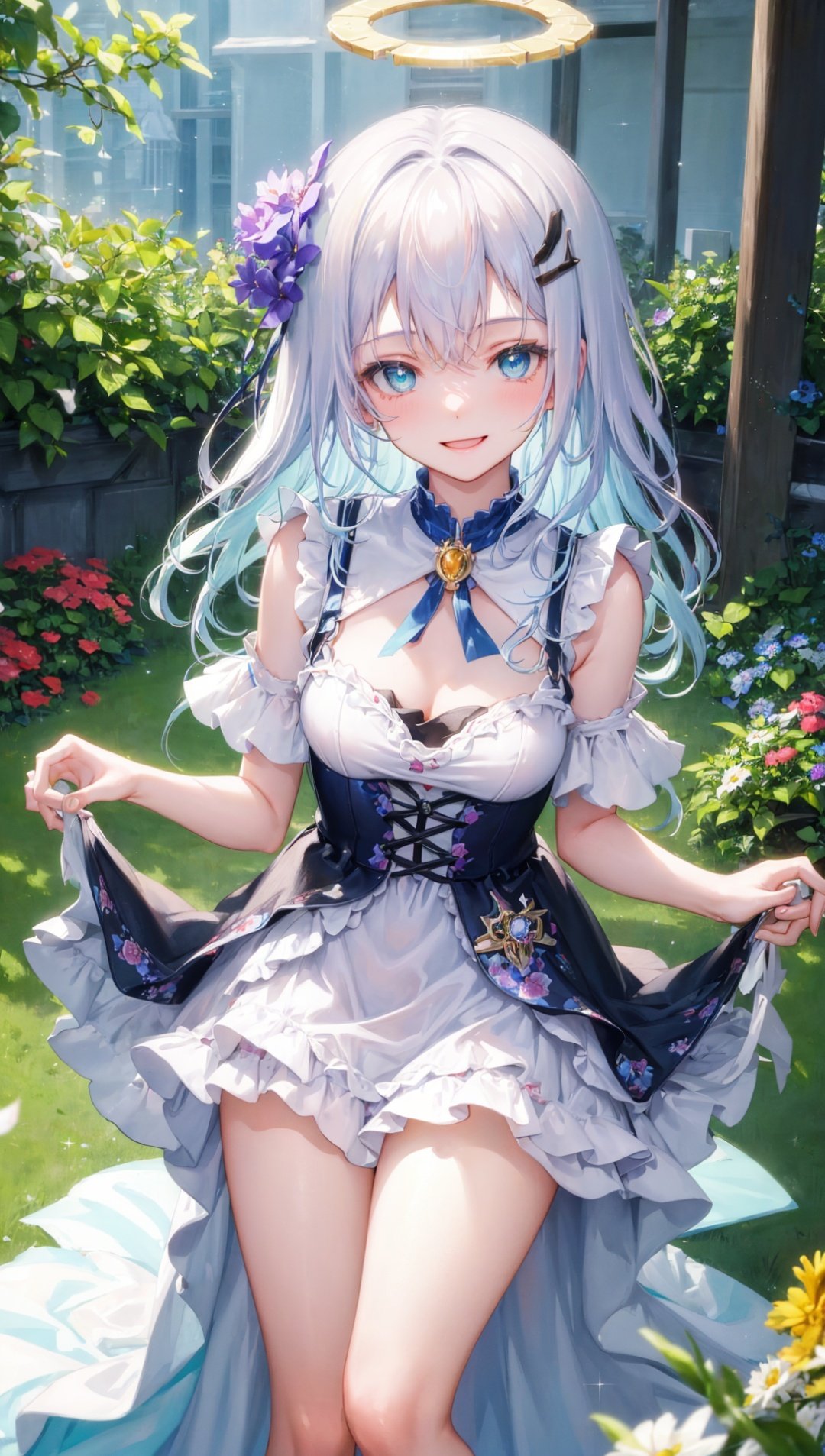 masterpiece,bestquality,highlydetailed,ultra-detailed,hmlacia,leicia,(purple hair:white hair:blue hair:1.025),long hair,hair ornament,ice blue eyes,delicate eyebrows,solo,1 girl, adorable and innocent, embodying a sense of innocence and purity, soft and gentle features, sparkling eyes brimming with joy, a contagious smile that lights up the room, wearing a pastel-colored dress, flowing and lightweight fabric, adorned with cute and whimsical patterns, delicate floral accents in her hair, barefoot, surrounded by fluffy animals, kittens and bunnies playing around her, sunlit meadow with blooming flowers, vibrant colors and a sense of serenity, gentle breeze carrying the scent of flowers, a halo of happiness radiating from her, a beacon of positivity and happiness, brightening everyone's day with her cheerful presence.