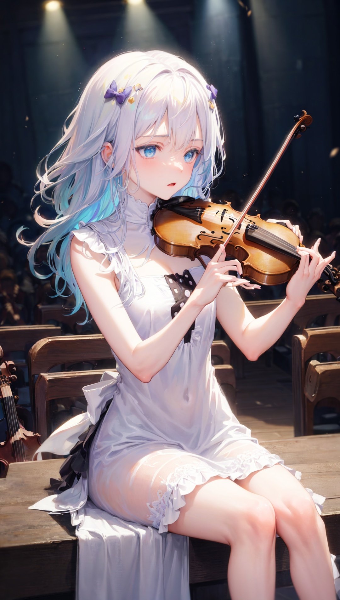 masterpiece, bestquality, highlydetailed, ultra-detailed, hmlacia, leicia, (purple hair:white hair:blue hair:1.125), long hair, hair ornament, ice blue eyes, delicate eyebrows, (solo), 1 girl, (music room background), (elegant dress:1.2), (sitting pose), (violin), (focused expression:0.9), (music stand), (bow movement), (soft lighting), (sheet music), (warm colors), (ambient lighting), (wooden floor), (melodious), (intense gaze), (beautiful melody), (flowing hair), (music lover),  (concert hall), (graceful posture), (classic elegance), (musical expression)