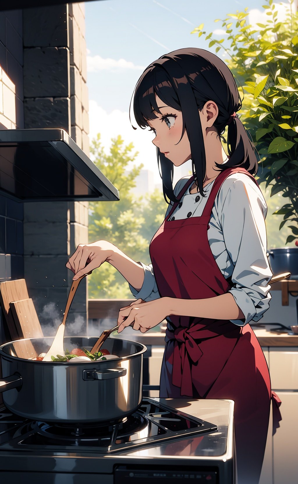 1girl,cooking,outdoors, 