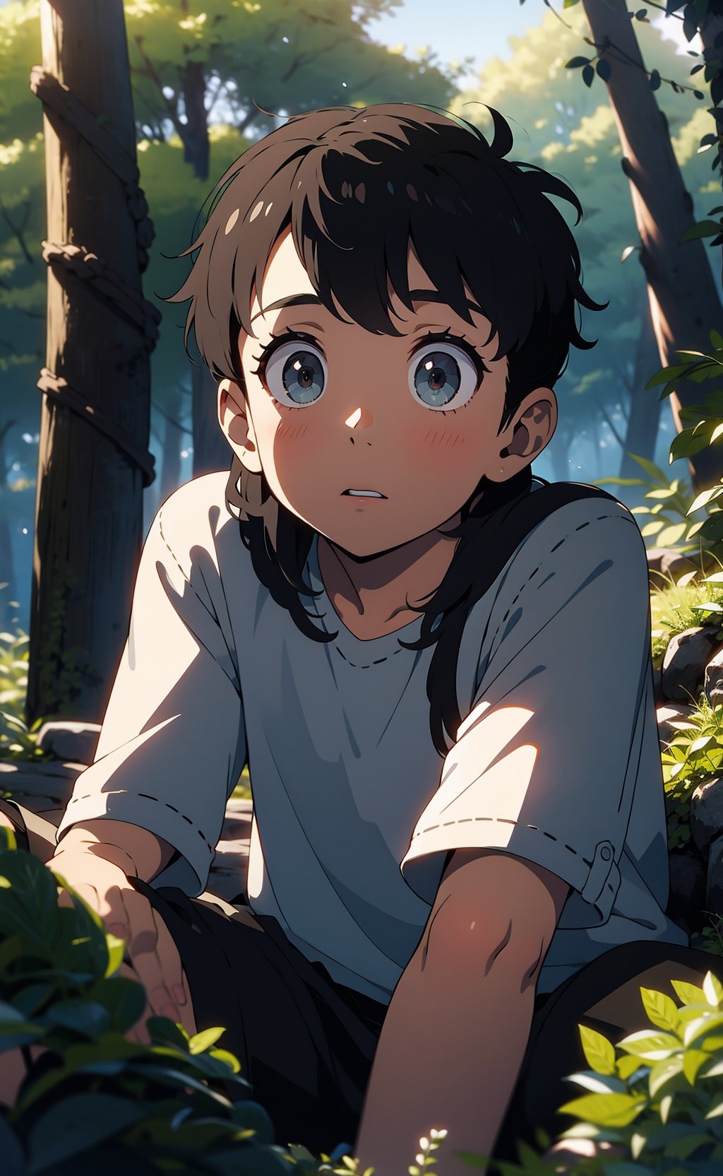 a boy,forest, big eyes,