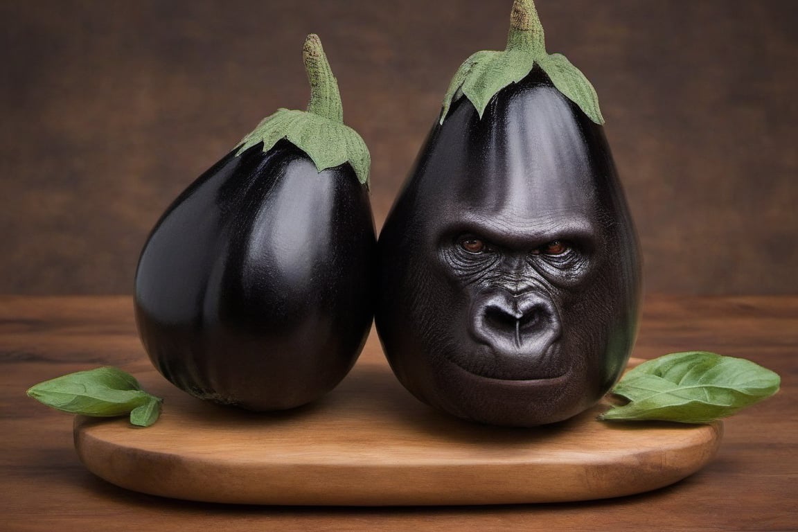 an ape merging with an eggplant,  on a table,<lora:EMS-83178-EMS:1.000000>