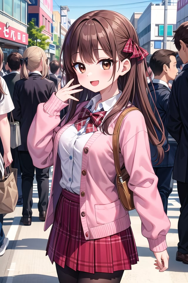 insanely detailed, absurdres, ultra-highres, ultra-detailed, best quality,1girl, solo, nice hands, perfect hands,BREAK(School Uniforms:1.2), (pink cardigan is fit body:1.4), ((do up a buttons, not loose):1.5), ((long sleeve, sleeves past wrists):1.2), (inner wear is white collared-shirt:1.3), (red plaid-pattern bow:1.3), (red plaid-pattern pleated skirt:1.3), ((dark-brown pantyhose, loafers):1.2) BREAKhappy smile, laugh, open mouth, standing,from side,cute pose, cowboy shot,BREAKslender, kawaii, perfect symmetrical face, ultra cute girl, ultra cute face, ultra detailed eyes, ultra detailed hair, ultra cute, ultra beautiful,BREAKin harajuku, shibuya, tokyo, street, crowd, cityscape,BREAKmedium large breasts,(brown hair, brown eyes), hime cut