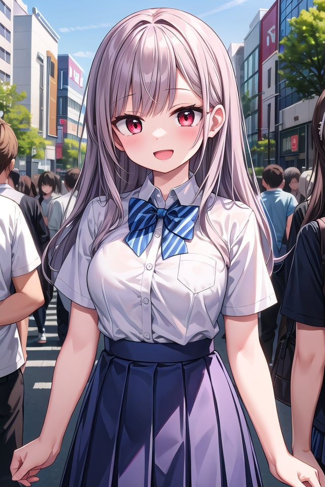 insanely detailed, absurdres, ultra-highres, ultra-detailed, best quality,1girl, solo, nice hands, perfect hands,BREAKsummer school uniform with indigo blue bowtie, (short sleeves, dark blue skirt, pleated skirt:1.3), (indigo blue:1.3) bowtie, (white shirt:1.3), shirt with white button, (skirt with many pleats:1.4), plain shirt, plain skirt, (striped bowtie:1.3), shirt_tucked_in BREAKhappy smile, laugh, open mouth, standing,(45 angle:-1.5), (from side:-1.5),cute pose, cowboy shot,BREAKslender, kawaii, perfect symmetrical face, ultra cute girl, ultra cute face, ultra detailed eyes, ultra detailed hair, ultra cute, ultra beautiful,BREAKin harajuku, shibuya, tokyo, street, crowd, cityscape,BREAKmedium large breasts,(grey hair, red eyes), 