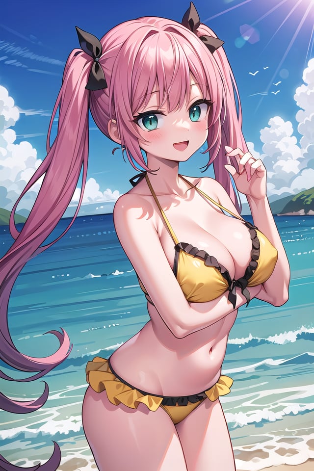 insanely detailed, absurdres, ultra-highres, ultra-detailed, best quality,1girl, solo, nice hands, perfect hands,BREAK(wearing swimwear, yellow bikini with frills:1.2),happy smile, laugh, open mouth,seductive pose, cowboy shot,BREAKslender, kawaii, perfect symmetrical face, ultra cute girl, ultra cute face, ultra detailed eyes, ultra detailed hair, ultra cute, ultra beautiful,BREAKpine tree, beach, coast, blue sky, clouds, ocean, sea horizon, (panorama view:1.3), depth of field,large breasts, cleavage,BREAKpink hair, twintails, dark green eyes