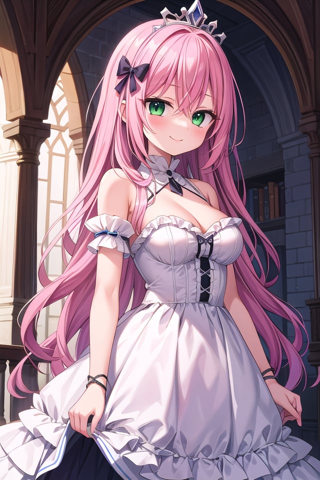 insanely detailed, absurdres, ultra-highres, ultra-detailed, best quality,1girl, solo, nice hands, perfect hands,BREAKprincess, princess dress with many frills, teara on hair,happy smile, laugh, closed mouth,standing, seductive pose,from front, cowboy shot,BREAKslender, kawaii, perfect symmetrical face, ultra cute girl, ultra cute face, ultra detailed eyes, ultra detailed hair, ultra cute, ultra beautiful,BREAK(fantasy world, in castle), depth of field,medium large breasts,BREAKpink hair, long hair, messy hair, green eyes, hair between eyes