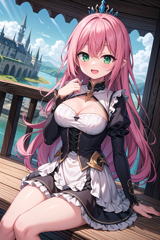 insanely detailed, absurdres, ultra-highres, ultra-detailed, best quality,1girl, solo, nice hands, perfect hands,BREAKprincess, princess dress with many frills, teara on hair,happy smile, laugh, open mouth,sitting, cute pose,from below, cowboy shot,BREAKslender, kawaii, perfect symmetrical face, ultra cute girl, ultra cute face, ultra detailed eyes, ultra detailed hair, ultra cute, ultra beautiful,BREAKon roof of castle, (fantasy world, castle, panorama view:1.3), depth of field,medium large breasts,BREAKpink hair, long hair, messy hair, green eyes, hair between eyes