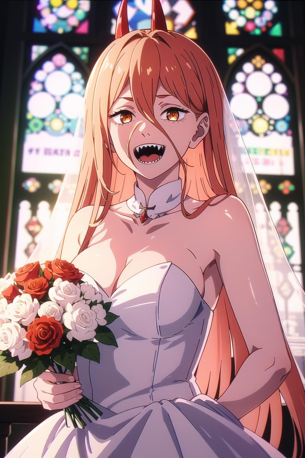 absurdres, highres, ultra detailed, <lora:KobeniMakimaAndPowerV1.5:0.9>, (power:1.1), blonde hair, hair between eyes, wedding dress, bridal veil, holding bouquet, church, looking at viewer, :d, sharp teeth, tongue, tongue out