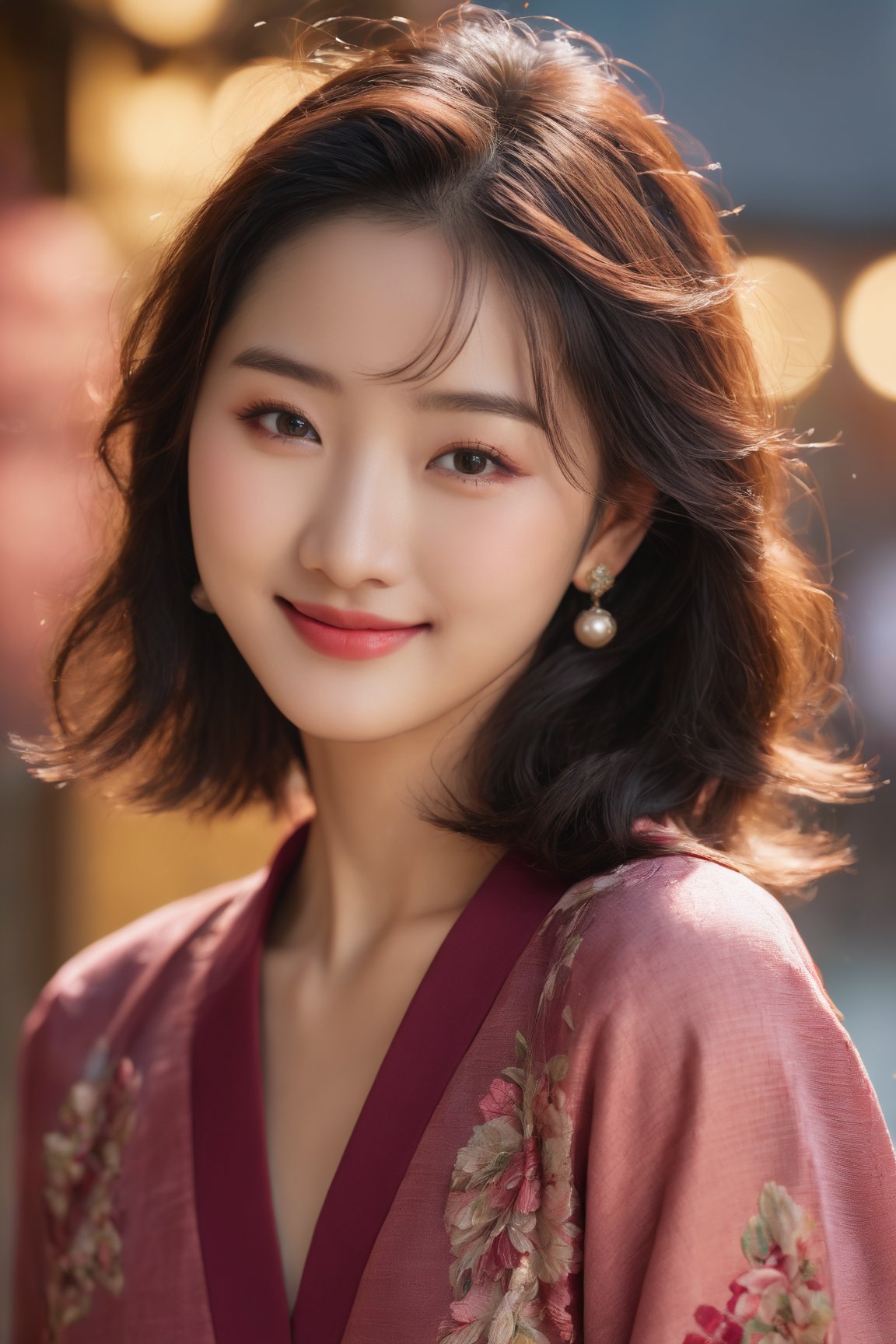 (best quality,4k,8k,highres,masterpiece:1.2),ultra-detailed,(realistic,photorealistic,photo-realistic:1.37),asian,1girl,retro clothing,beautiful detailed eyes,beautiful detailed lips,blushing face,cute smile,messy hair,deep photo,depth of field,portrait,vivid colors,hazy lighting,soft focus,subtle glow,romantic atmosphere