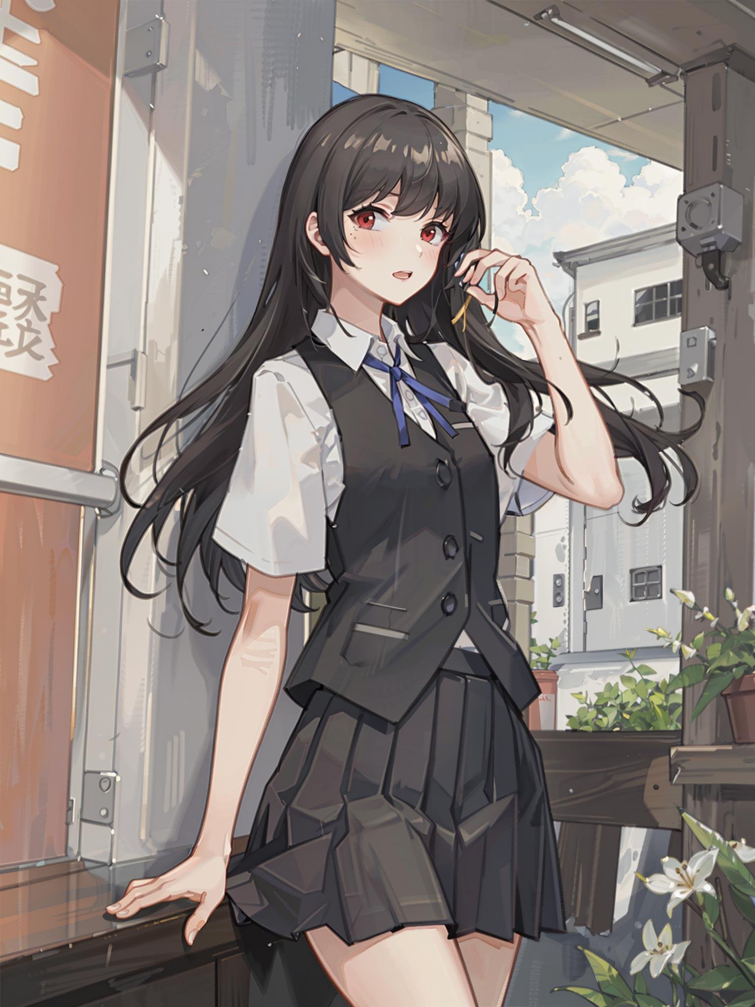 hayashio \(kancolle\), 1girl, solo, skirt, shirt, vest, black vest, white shirt, pleated skirt, blue ribbon, black skirt, short sleeves, neck ribbon, mole under eye, outdoors, cowboy shot, dress shirt, mole, collared shirt, school uniform, day, looking at viewer, red eyes, bush, blush, original, intricate detail, illustration, masterpiece, extremely detailed CG unity 8k wallpaper, highlight, sharpening, dynamic, <lora:Hayashio-3:0.5>