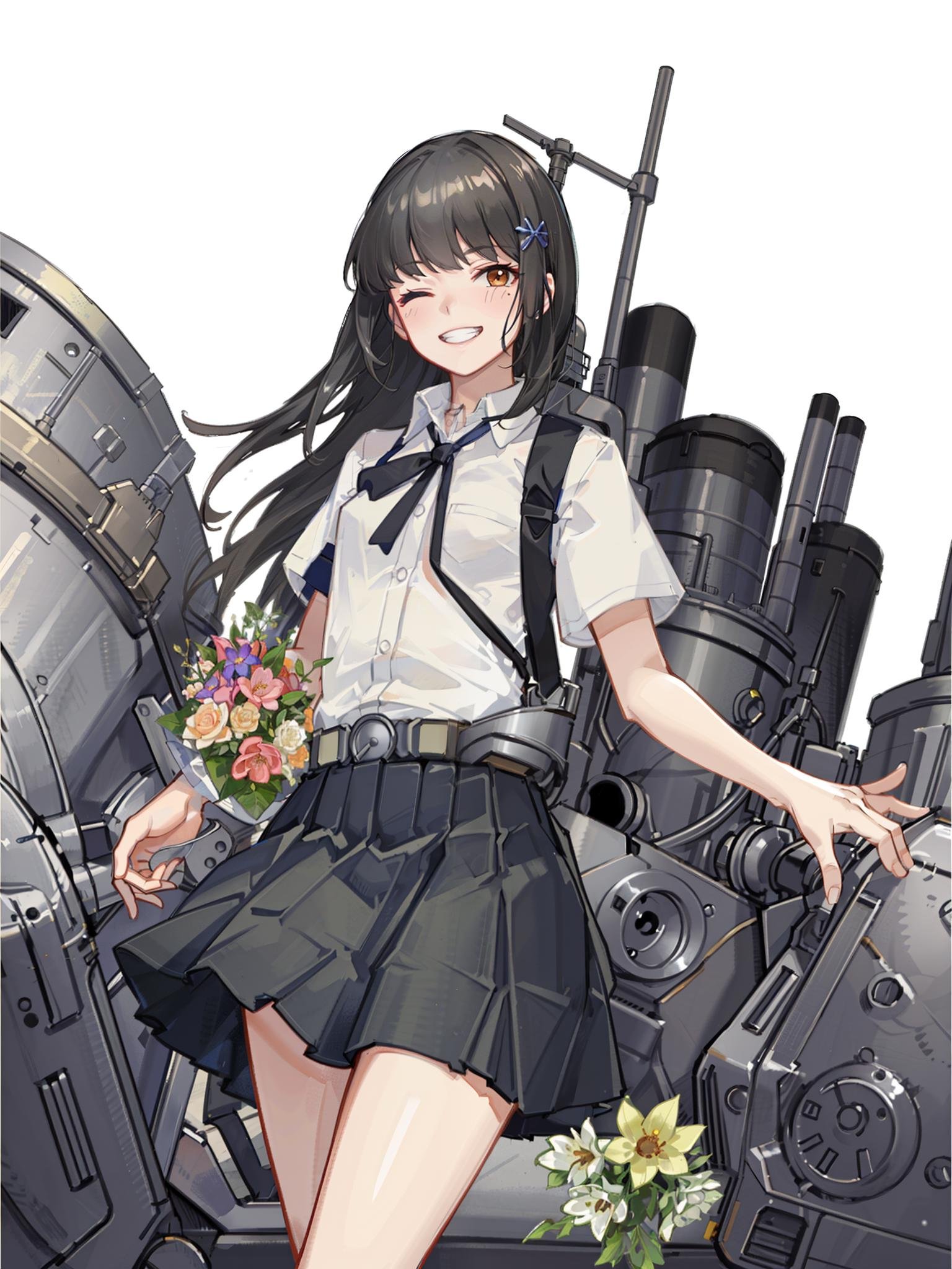 hayashio \(kancolle\), 1girl, bouquet, shirt, solo, skirt, one eye closed, flower, white shirt, pleated skirt, black vest, vest, black skirt, torpedo launcher, holding bouquet, short sleeves, smile, machinery, rigging, blue ribbon, dress shirt, torpedo, holding, cowboy shot, neck ribbon, mole, turret, school uniform, smokestack, grin, collared shirt, torpedo tubes, blue background, hair ornament, looking at viewer, white border, thigh strap, original, intricate detail, illustration, masterpiece, extremely detailed CG unity 8k wallpaper, highlight, sharpening, dynamic,  <lora:Hayashio-3:0.5>