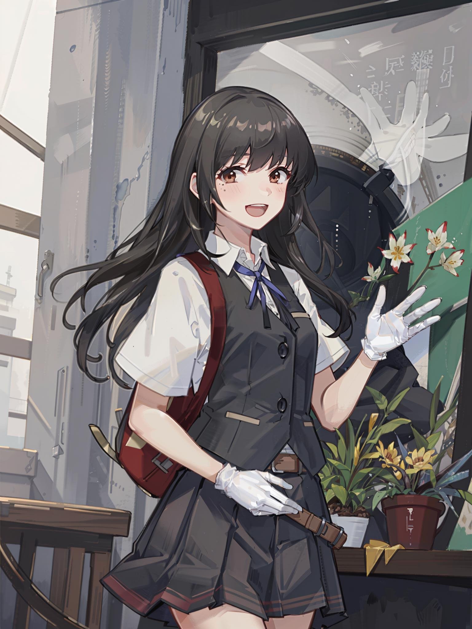 hayashio \(kancolle\), 1girl, solo, skirt, gloves, shirt, white gloves, white shirt, pleated skirt, short sleeves, black vest, vest, mole, black skirt, blue ribbon, mole under eye, smile, open mouth, neck ribbon, blush, cowboy shot, collared shirt, looking at viewer, petals, school uniform, buttons, :d, waving, original, intricate detail, illustration, masterpiece, extremely detailed CG unity 8k wallpaper, highlight, sharpening, dynamic,  <lora:Hayashio-3:0.5>