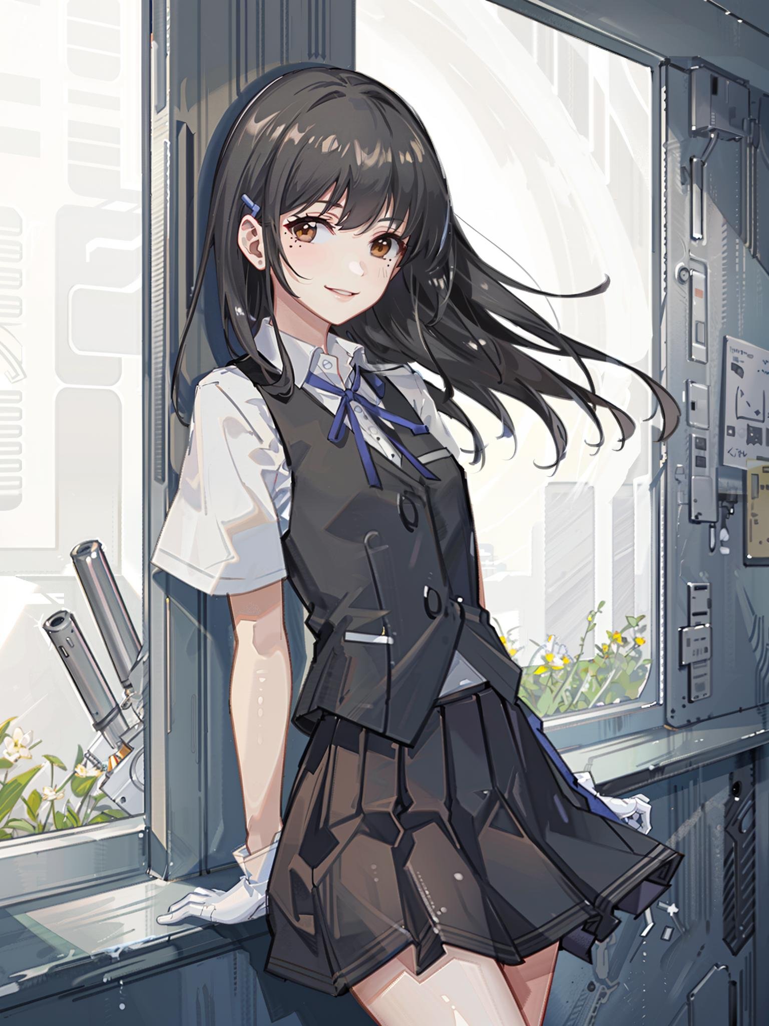 hayashio \(kancolle\), 1girl, solo, skirt, shirt, gloves, black vest, pleated skirt, vest, white gloves, white shirt, black skirt, blue ribbon, short sleeves, cropped legs, mole, neck ribbon, cowboy shot, mole under eye, school uniform, dress shirt, looking at viewer, arms behind back, smile, hairclip, original, intricate detail, illustration, masterpiece, extremely detailed CG unity 8k wallpaper, highlight, sharpening, dynamic,  <lora:Hayashio-3:0.5>