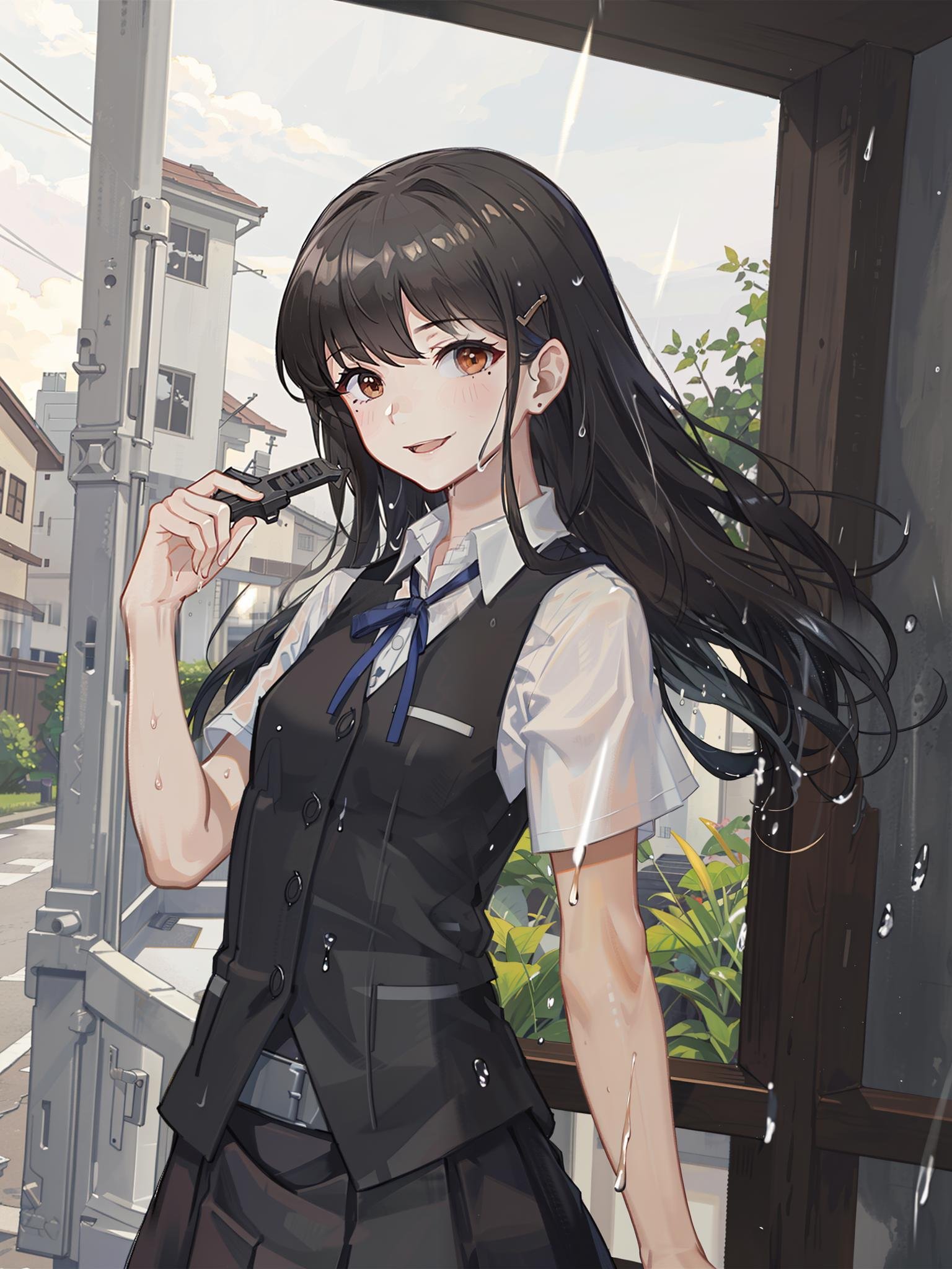 hayashio \(kancolle\), 1girl, solo, shirt, mole under eye, vest, mole, white shirt, blue ribbon, short sleeves, smile, looking at viewer, neck ribbon, hair ornament, hairclip, school uniform, blurry, upper body, wet clothes, wet, rain, skirt, blurry background, black vest, outdoors, original, intricate detail, illustration, masterpiece, extremely detailed CG unity 8k wallpaper, highlight, sharpening, dynamic, <lora:Hayashio-3:0.5>