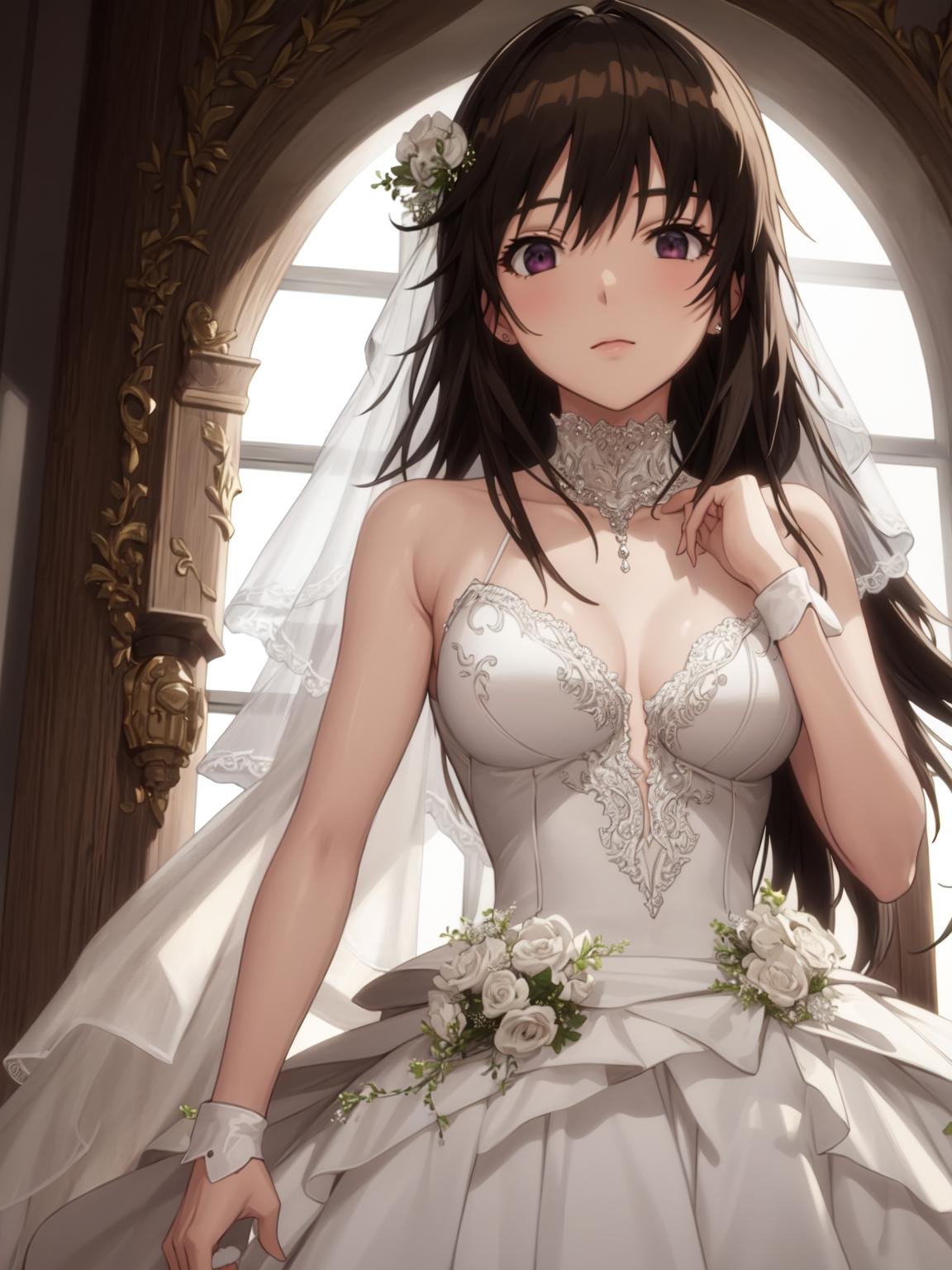 (masterpiece),best quality,highres,hdr,<lora:miyamae_tooru-000014:0.8>,miyamae_tooru,1girl,solo,wedding dress,bride,messy hair,