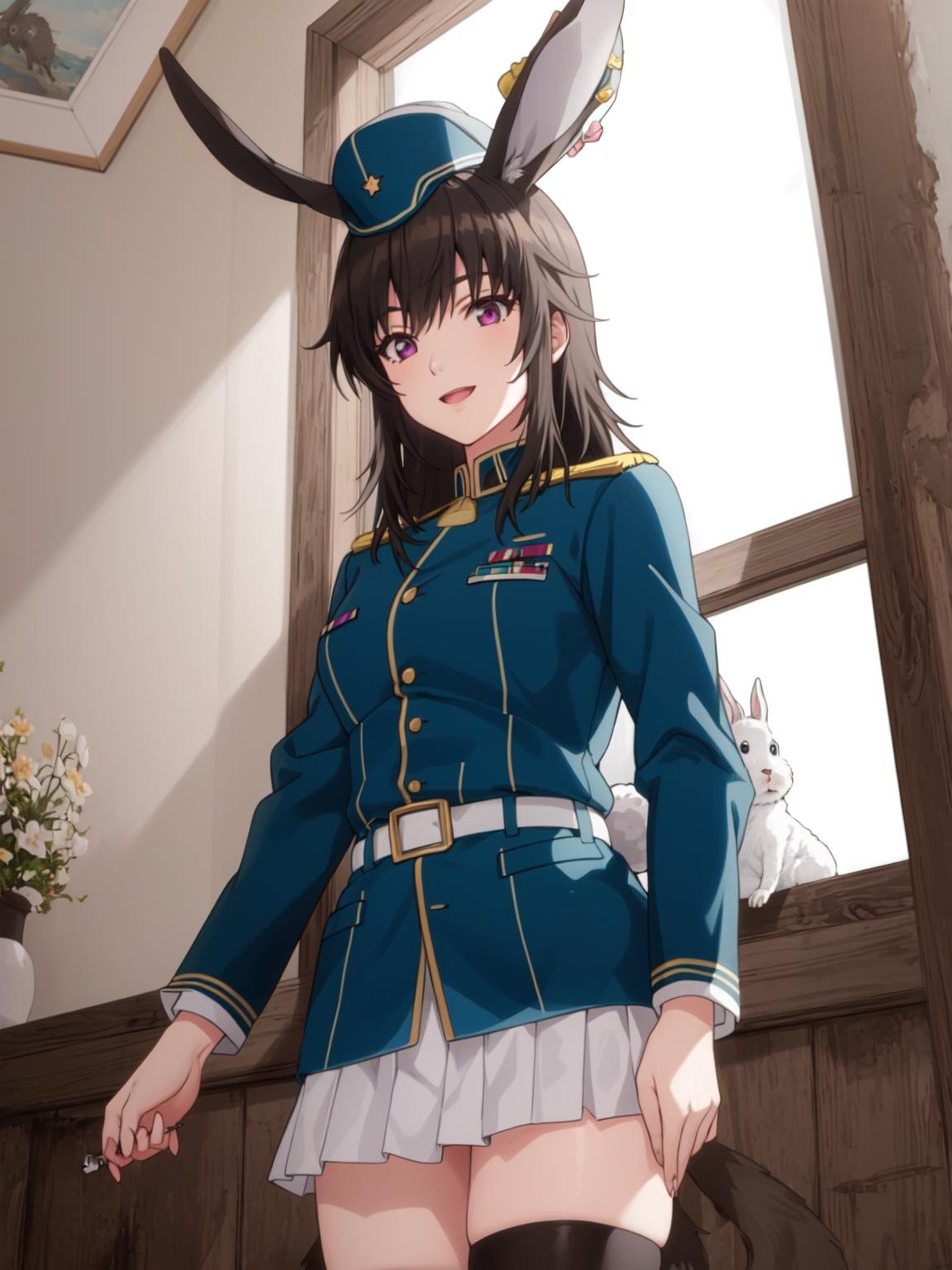 (masterpiece),best quality,highres,hdr,<lora:miyamae_tooru-000014:0.8>,miyamae_tooru,1girl,solo,bunny,uniform,messy hair,mature female,happy,cowboy shot,rabbit tail,animal ears,hat,rabbit ears,military,garrison cap,