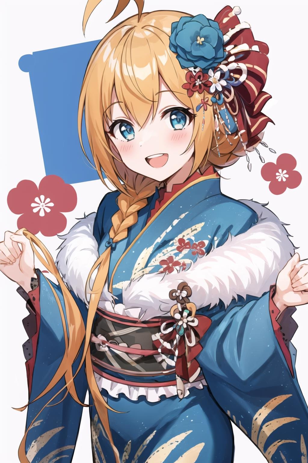 masterpiece, best quality, ultra-detailed, 1girl, :d, ahoge, bangs, blue flower, blue kimono, blush, braid, egasumi, flower, hair flower, hair ornament, hands up, japanese clothes, kimono, long sleeves, looking at viewer, obi, open mouth, pecorine, sash, sleeves past wrists, smile, solo, teeth, upper body, wide sleeves <lora:pecorineV1:1>