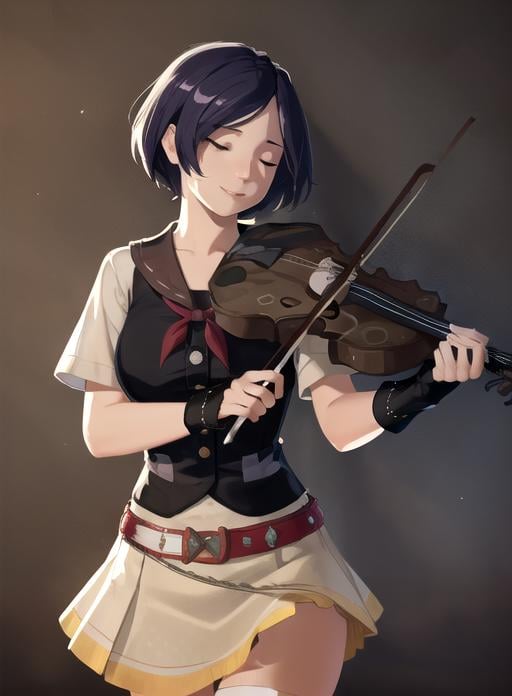best quality, (masterpiece:1.5),(ultra-detailed), (high quality:1.3), (high resolution), light particles, light rays, wallpaper, realistic, <lora:violynne:0.7>, violynne, short hair, violin closed eyes, smile, skirt, black legwear,  fcPortrait