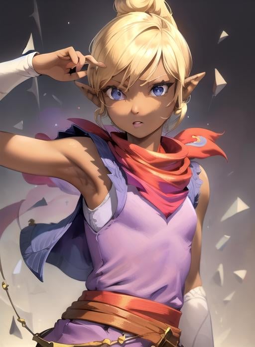 best quality, (masterpiece:1.5),(ultra-detailed), (high quality:1.3), (high resolution), pointy ears, tetra,short hair, blonde hair, dark skin,  blue eyes, neckerchief, short hair, purple shirt , vest, <lora:tetra:0.7>