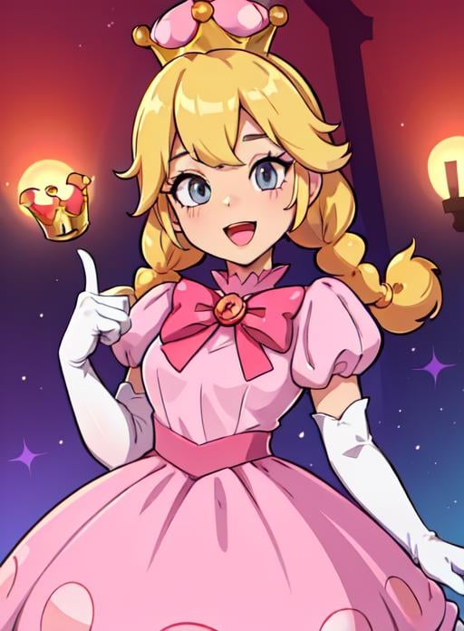 best quality, (masterpiece:1.5),(ultra-detailed), (high quality:1.3), (high resolution), <lora:peachette:0.7>,1girl, blonde hair, blue eyes, bowtie, braid, braids, crown, dress, elbow gloves, gloves, grey eyes,  jewelry, long hair, looking at viewer, open mouth, peachette, pink bow, pink dress, puffy short sleeves, puffy sleeves, smile, solo, striped, super crown, twin braids, white gloves