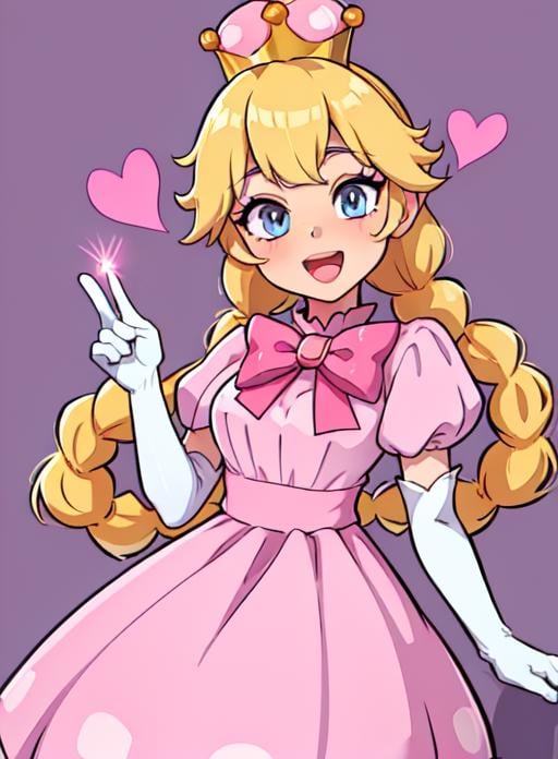 best quality, (masterpiece:1.5),(ultra-detailed), (high quality:1.3), (high resolution), <lora:peachette:0.7>,1girl, blonde hair, blue eyes, bowtie, braid, braids, crown, dress, elbow gloves, gloves, grey eyes, heart, jewelry, long hair, looking at viewer, open mouth, peachette, pink bow, pink dress, puffy short sleeves, puffy sleeves, smile, solo, striped, super crown, twin braids, white gloves