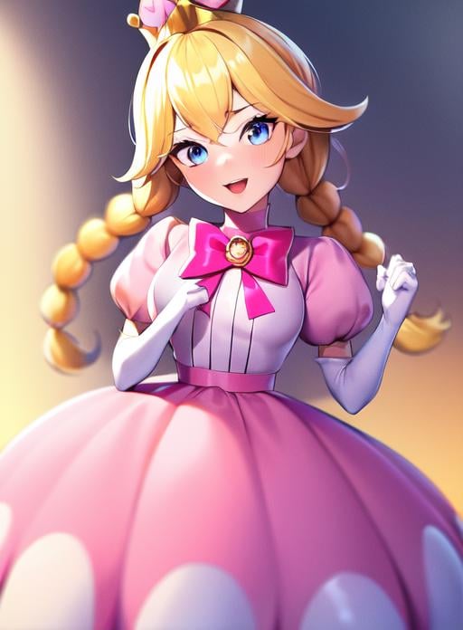 best quality, (masterpiece:1.5),(ultra-detailed), (high quality:1.3), (high resolution), <lora:peachette:0.7>,1girl, blonde hair, blue eyes, bowtie, braid, braids, crown, dress, elbow gloves, gloves, grey eyes,  jewelry, long hair, looking at viewer, open mouth, peachette, pink bow, pink dress, puffy short sleeves, puffy sleeves, smile, solo, striped, super crown, twin braids, white gloves