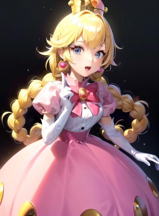 best quality, (masterpiece:1.5),(ultra-detailed), (high quality:1.3), (high resolution), <lora:peachette:0.7>,1girl, blonde hair, blue eyes, bowtie, braid, braids, crown, dress, elbow gloves, gloves, grey eyes,  jewelry, long hair, looking at viewer, open mouth, peachette, pink bow, pink dress, puffy short sleeves, puffy sleeves, smile, solo, striped, super crown, twin braids, white gloves
