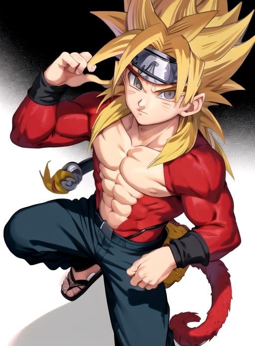 best quality, (masterpiece),(ultra-detailed), (high quality), (high resolution), ssj4, abs,  body fur, jewelry, long hair, monkey tail, muscular,  pectorals, red fur,  solo, spiked hair, super saiyan, tail,<lora:ssj4:0.5>,   uzumaki naruto,  <lora:Naruto:0.3>,1boy, closed mouth, forehead protector, holding, konohagakure symbol, looking at viewer, male child, sandals,  simple background, solo, uzumaki naruto, weapon, white background