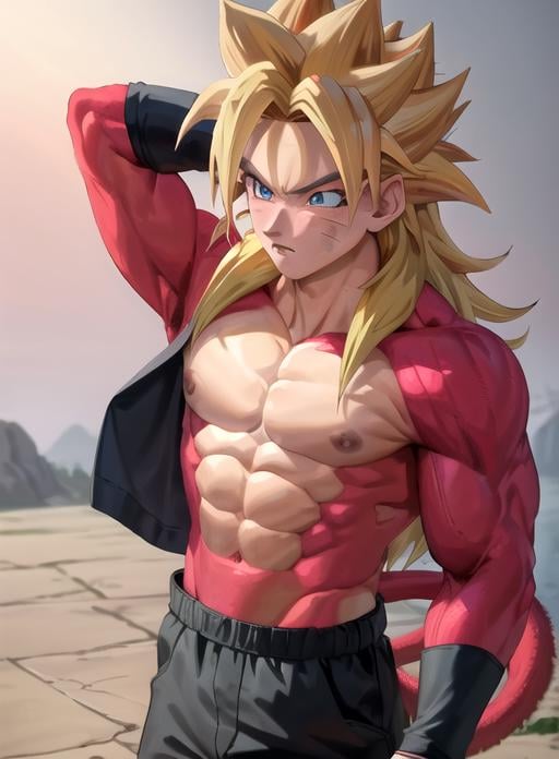 best quality, (masterpiece),(ultra-detailed), (high quality), (high resolution), <lora:ssj4-10:0.5>, abs,  blush, body fur, jewelry, long hair, monkey tail, muscular,  pectorals, red fur,  solo, spiked hair, ssj4, super saiyan, tail,  uzumaki naruto,  <lora:Naruto:0.5>,blue eyes, blonde hair, 