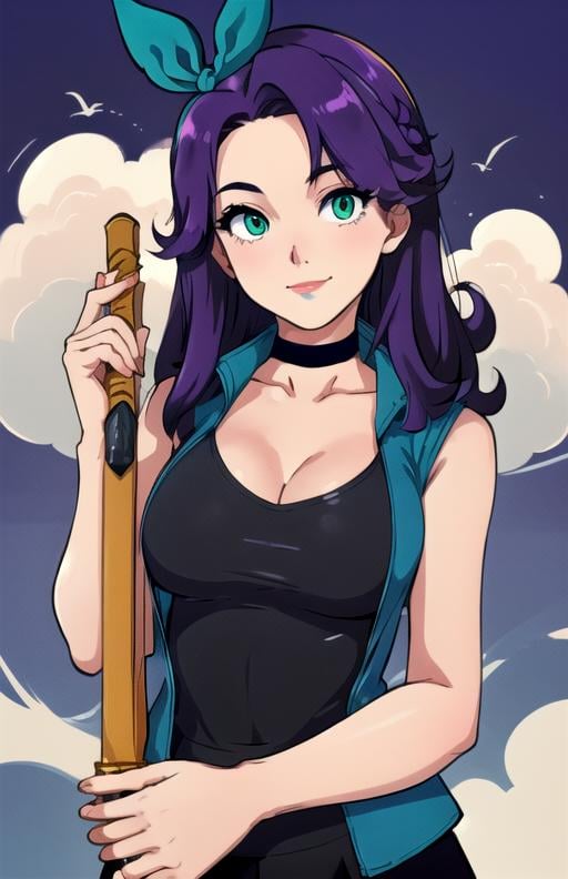 best quality, (masterpiece),(ultra-detailed), (high quality), (high resolution),  <lora:abigail:0.7>,1girl, black choker, blue jacket, boots, choker, closed mouth, cloud, green eyes, hair ribbon, holding, large breasts, long hair, purple background, purple hair, red lips, shirt, shoes removed, sleeveless shirt, smile, solo,, upper body, vest, weapon, white outline