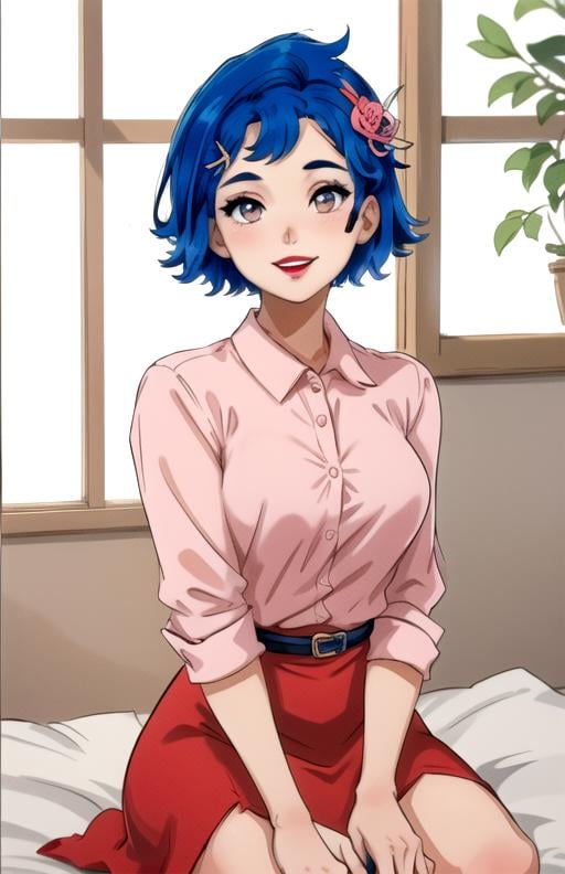 best quality, (masterpiece),(ultra-detailed), (high quality), (high resolution),  <lora:emily-10:0.7>,1girl, blue hair, emily,  hair ornament, lipstick, looking at viewer, meme, nail polish,   seiza, short hair, sitting, smile, solo, teeth, upper body, white background, window, red dress, pink shirt, 