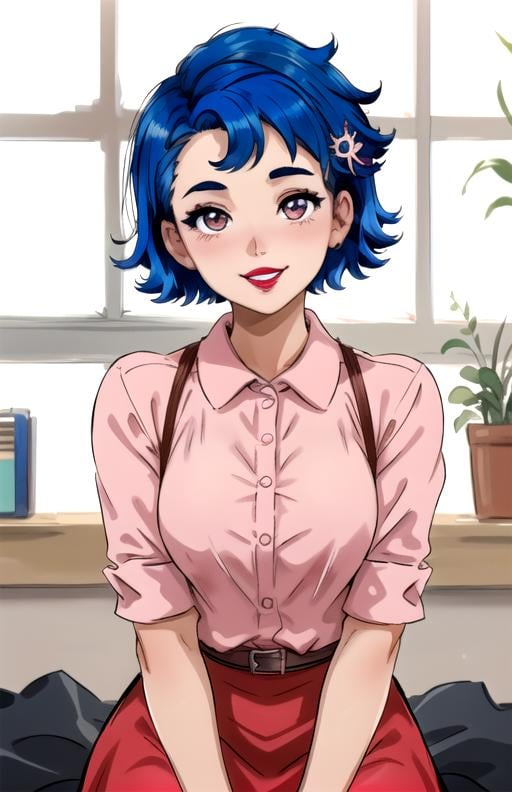 best quality, (masterpiece),(ultra-detailed), (high quality), (high resolution),  <lora:emily-10:0.7>,1girl, blue hair, emily,  hair ornament, lipstick, looking at viewer, meme, nail polish,   seiza, short hair, sitting, smile, solo, teeth, upper body, white background, window, red dress, pink shirt, 