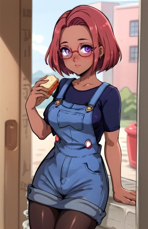 best quality, (masterpiece),(ultra-detailed), (high quality), (high resolution),    <lora:maru-10:0.7>,1girl, arm support, blush, breasts, cropped torso, dark skin, day, food, glasses, looking at viewer, maru, pantyhose, pink hair, purple eyes, red hair, selfie, skirt, solo, star (symbol),short hair,overalls,