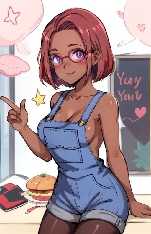 best quality, (masterpiece),(ultra-detailed), (high quality), (high resolution),    <lora:maru-10:0.7>,1girl, arm support, blush, breasts, cropped torso, dark skin, day, food, glasses, happy birthday, looking at viewer, maru, pantyhose, pink hair, purple eyes, red hair, selfie, skirt, solo, star (symbol),short hair,overalls,