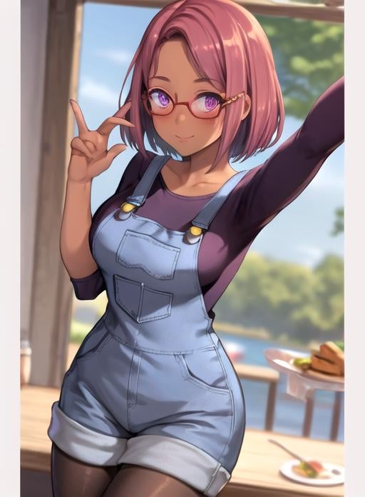 best quality, (masterpiece),(ultra-detailed), (high quality), (high resolution),    <lora:maru:0.7>,1girl, arm support, blush, breasts, cropped torso, dark skin, day, food, glasses, happy birthday, looking at viewer, maru, pantyhose, pink hair, purple eyes, red hair, selfie, skirt, solo, star (symbol),short hair,overalls, 