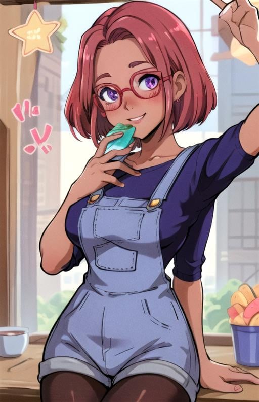 best quality, (masterpiece),(ultra-detailed), (high quality), (high resolution),    <lora:maru-10:0.7>,1girl, arm support, blush, breasts, cropped torso, dark skin, day, food, glasses, happy birthday, looking at viewer, maru, pantyhose, pink hair, purple eyes, red hair, selfie, skirt, solo, star (symbol),short hair,overalls,