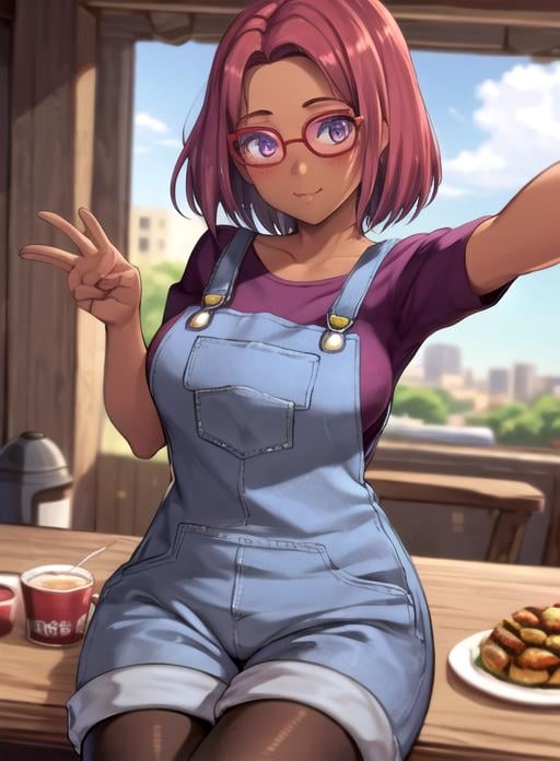 best quality, (masterpiece),(ultra-detailed), (high quality), (high resolution),    <lora:maru:0.7>,1girl, arm support, blush, breasts, cropped torso, dark skin, day, food, glasses, happy birthday, looking at viewer, maru, pantyhose, pink hair, purple eyes, red hair, selfie, skirt, solo, star (symbol),short hair,overalls, 