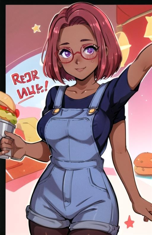 best quality, (masterpiece),(ultra-detailed), (high quality), (high resolution),    <lora:maru-10:0.7>,1girl, arm support, blush, breasts, cropped torso, dark skin, day, food, glasses, happy birthday, looking at viewer, maru, pantyhose, pink hair, purple eyes, red hair, selfie, skirt, solo, star (symbol),short hair,overalls,