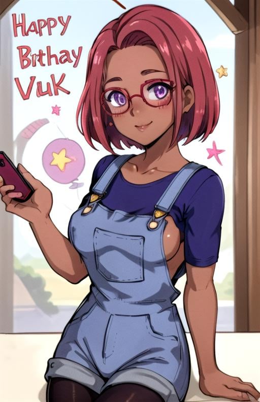 best quality, (masterpiece),(ultra-detailed), (high quality), (high resolution),    <lora:maru-10:0.7>,1girl, arm support, blush, breasts, cropped torso, dark skin, day, food, glasses, happy birthday, looking at viewer, maru, pantyhose, pink hair, purple eyes, red hair, selfie, skirt, solo, star (symbol),short hair,overalls,