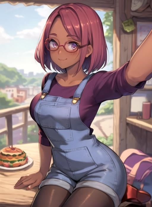 best quality, (masterpiece),(ultra-detailed), (high quality), (high resolution),    <lora:maru:0.7>,1girl, arm support, blush, breasts, cropped torso, dark skin, day, food, glasses, happy birthday, looking at viewer, maru, pantyhose, pink hair, purple eyes, red hair, selfie, skirt, solo, star (symbol),short hair,overalls, 