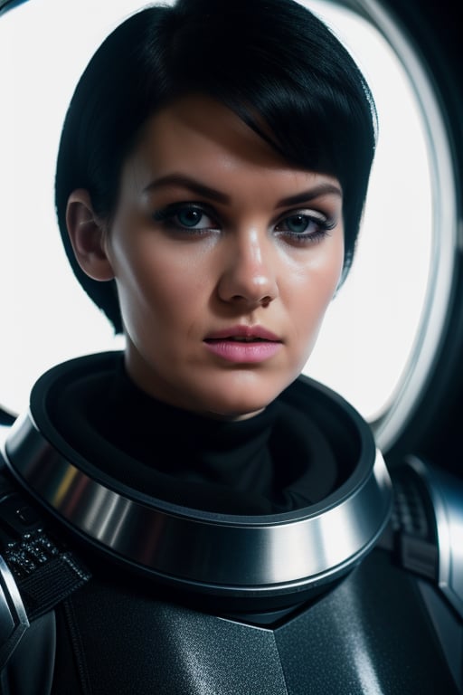 RAW photo of wo_melclarke03, wearing high-tech armor, in deep space, closeup portrait, parted_lips, black hair, (high detailed skin:1.2), 8k uhd, dslr, soft lighting, high quality, film grain, Fujifilm XT3