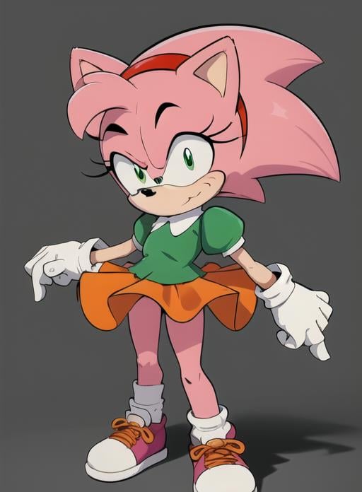 best quality, (masterpiece),(ultra-detailed), (high quality), (high resolution), <lora:AmyRoseC-10:0.7>,Classic Amy, sonic \(series\), 1girl, solo,  short hair, bangs, skirt,  shirt, gloves, animal ears, closed mouth, green eyes, standing, full body, pink hair, short sleeves, hairband, shoes, socks, puffy sleeves, collared shirt, white gloves, flat chest, puffy short sleeves, furry, green shirt, furry female, red hairband, body fur, orange skirt, animal nose, two-tone fur, pink fur