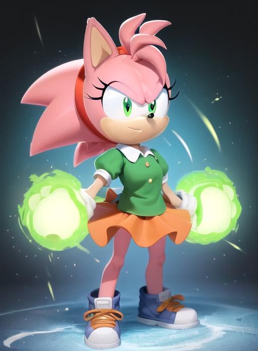 best quality, (masterpiece),(ultra-detailed), (high quality), (high resolution), <lora:AmyRoseC-10:0.7>,Classic Amy, sonic \(series\), 1girl, solo,  short hair, bangs, skirt,  shirt, gloves, animal ears, closed mouth, green eyes, standing, full body, pink hair, short sleeves, hairband, shoes, socks, puffy sleeves, collared shirt, white gloves, flat chest, puffy short sleeves, furry, green shirt, furry female, red hairband, body fur, orange skirt, animal nose, two-tone fur, pink fur