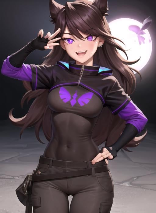 best quality, (masterpiece),(ultra-detailed), (high quality), (high resolution), <lora:jaiden-10:0.7>,1girl, bangs, belt, brown hair, covered navel, ear piercing, fingerless gloves, gloves, grin, hair behind ear, hand on hip, jacket, jaiden, long hair, looking at viewer, open mouth, piercing, purple background, purple eyes, smile, sweatdrop, teeth