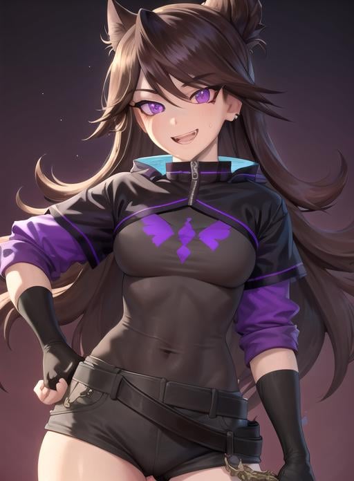 best quality, (masterpiece),(ultra-detailed), (high quality), (high resolution), <lora:jaiden-10:0.7>,1girl, bangs, belt, brown hair, covered navel, ear piercing, fingerless gloves, gloves, grin, hair behind ear, hand on hip, jacket, jaiden, long hair, looking at viewer, open mouth, piercing, purple background, purple eyes, smile, sweatdrop, teeth